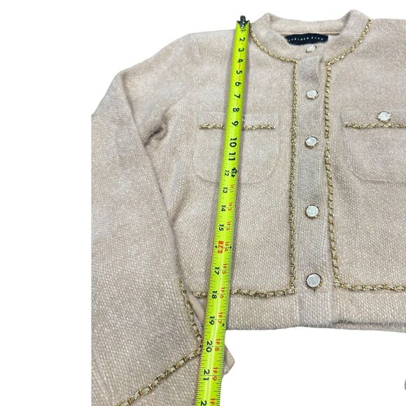 Anthropologie Endless Rose Sz L Chenille Cream Gold Chain Pearl Button Cardigan - Picture 6 of 7